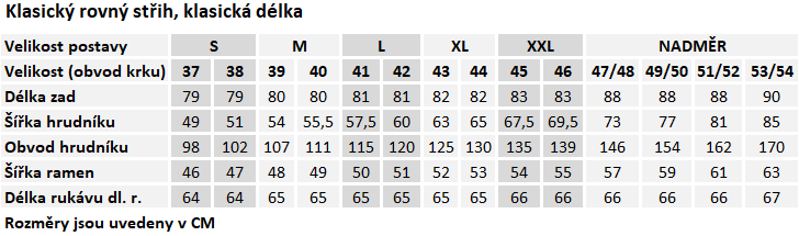 amj tabulka dlouhý rukáv, neprodloužený, klasický střih